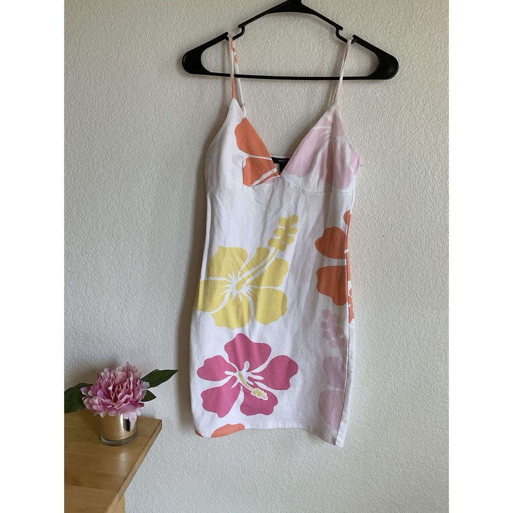 Forever 21 White Hibiscus Floral Mini Bodycon Dress Pink‎ Yellow Orange Small